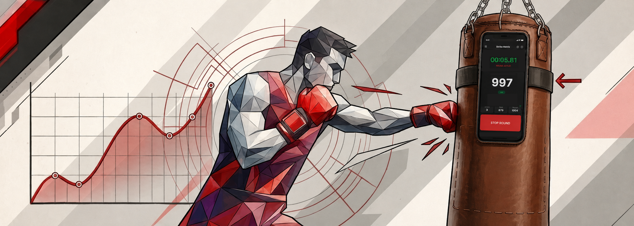 Boxer striking a heavy bag with a smartphone mounted on it